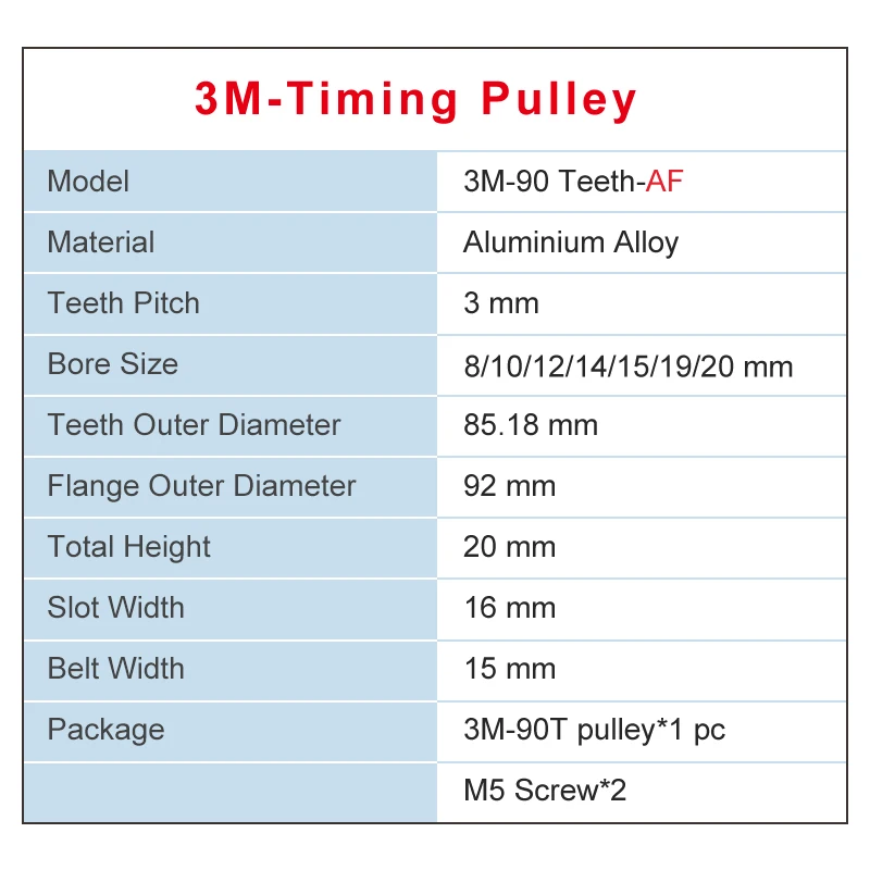 Timing Pulley 3M90T Inner Bore 8/10/12/14/15/19/20 mm Aluminum Belt Pulley Slot Width 16 mm For 3M-synchronous belt Width 15 mm