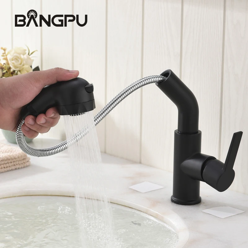 BANGPU Basin Pull Out Faucet Single Handle Pull Down Sink Faucet 1 Hole Bathroom Faucet Basin Sink Tap Deck Mounted Black