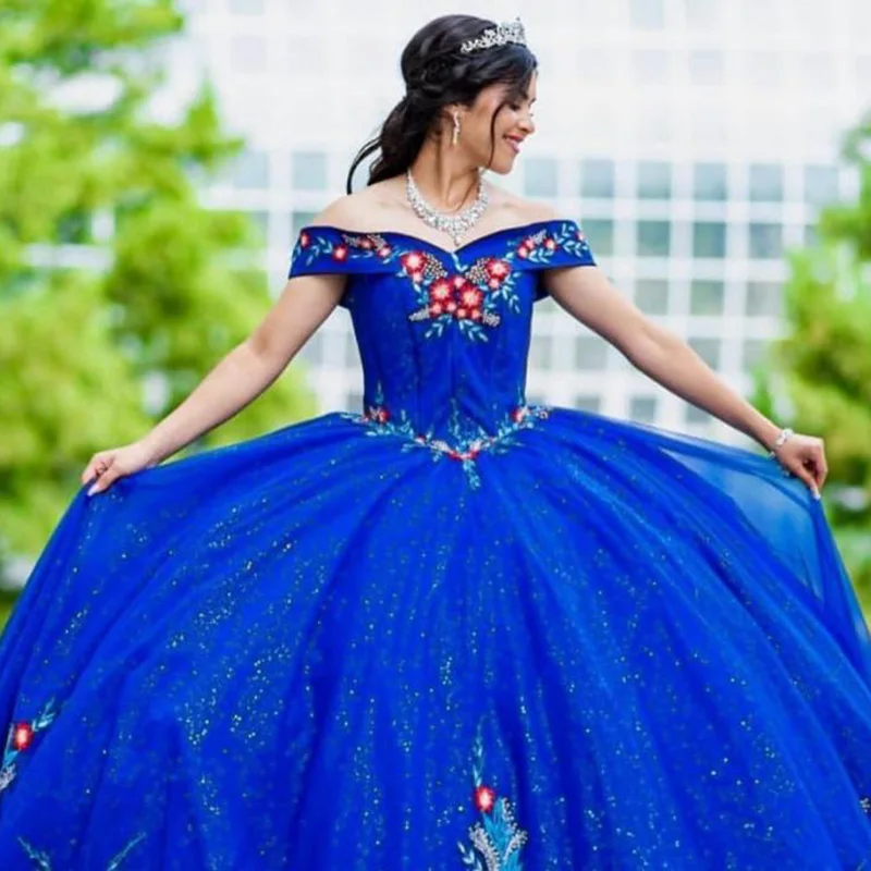 Mexican Charro Quinceanera Dresses Theme Royal Blue Embroidered Off The Shoulder Tulle Lace-up Ball Gown Sweet 16 Vestidos