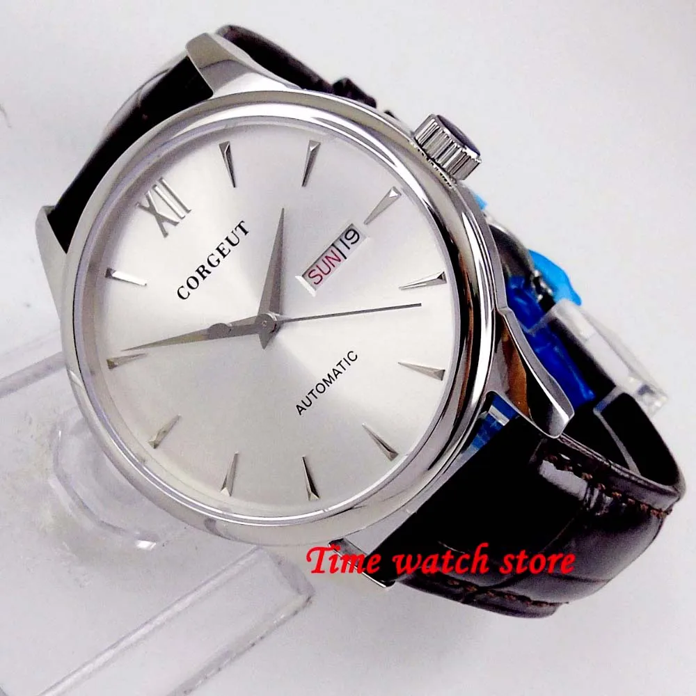 40มม.Silver Dial Miyota 8205 Movement นาฬิกาผู้ชายอัตโนมัตินาฬิกาข้อมือ Sapphire Glass วันที่สัปดาห์สายหนัง