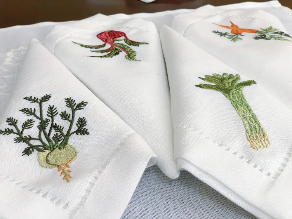 @Vegetable Napkins Hemstitched Embroidery, Linen+Cotton Table Decor, Beetroot, Fennel, Carrot,Home/Airbnb/Banquets/Hotel