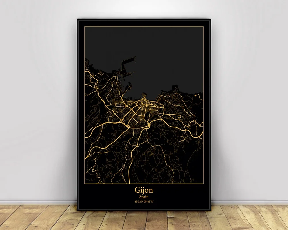 Gijon España Mapa de ciudad negro y dorado personalizado, carteles de mapa de ciudad del mundo, impresiones en lienzo, arte de pared de estilo nórdico, decoración del hogar