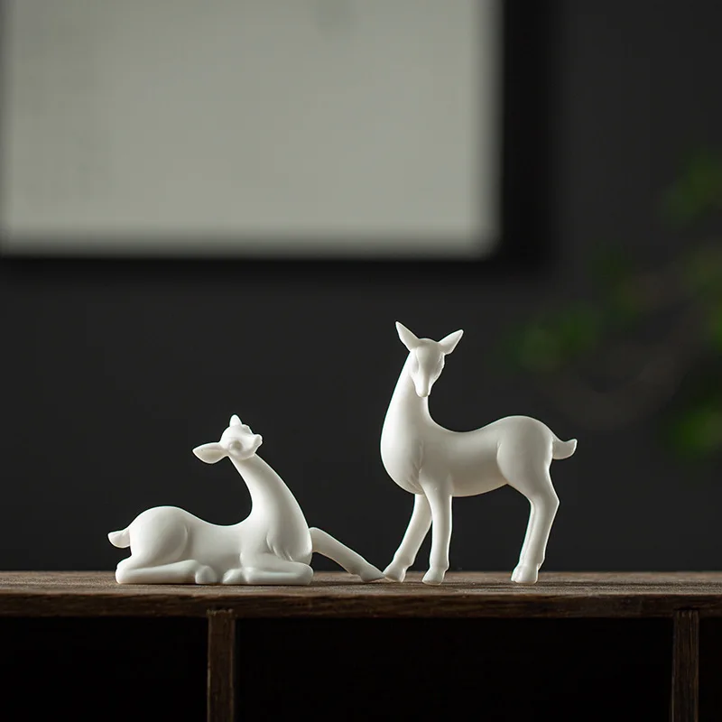 Pure White Forest Deer Ceramic Elegant Ornaments Animal Porcelain Landscape Plants Flower Pots Gardening Accessories Zen