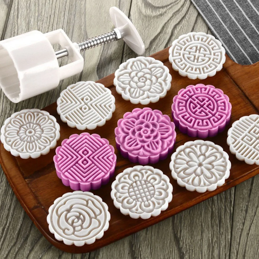 75g Mooncake Mold W/8 Flower Stamps DIY Baking Pastry Round Moon Cake Mould Tool