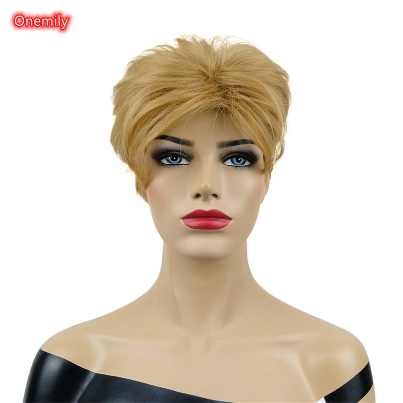 

Onemily Light Strawberry Blonde Short Straight Shaggy Wig for Women Synthetic Natural Fluffy Wigs