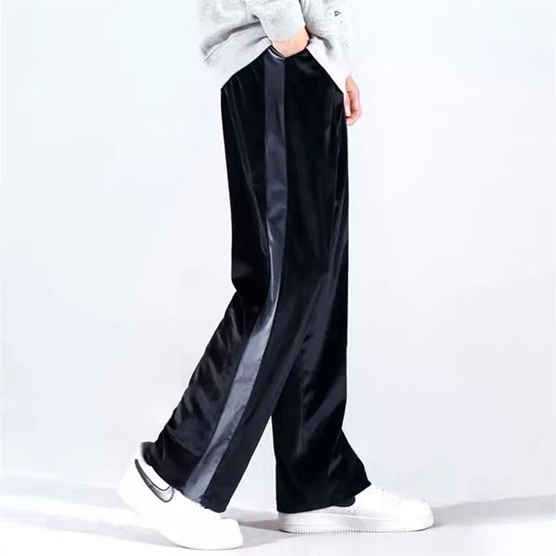 Man Casual Straight Pants Male Velvet Solid Color Large Size Trousers Patchwork Korean Preppy Style Long Pants M-6XL