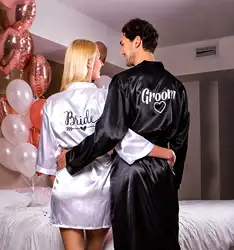 Personalized Groom and Bride Satin Robes Valentines Day Gift Robes for Couple Matching Custom Robes for Wedding Men and Women