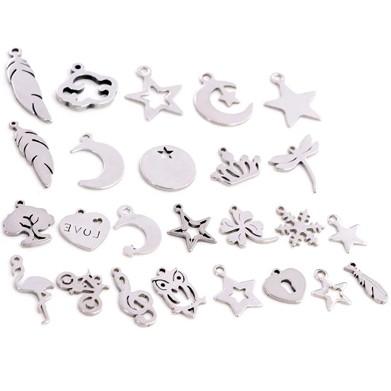 

30pcs/lot No Fade Charms 316 Stainless Steel Feather Leaf Moon Star Heart For necklace pendant charms diy jewelry making