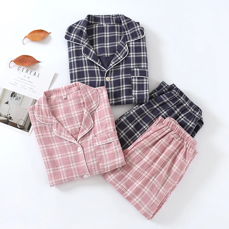 Women & Men Japanese Style Long Sleeve Plaid Pajamas Set Soft Comfortable Gauze Crepe Cotton Couples Pajama Home Loungewear