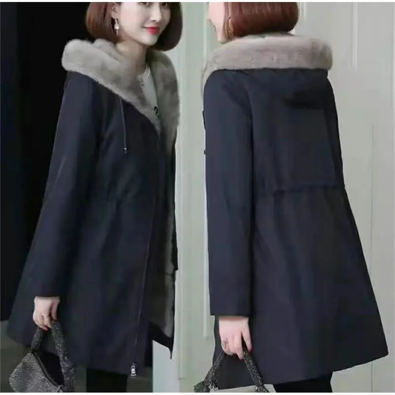 2022 New Winter Faux Fur Coat Women's Mid-Length Jacket Mujer Korean  The Trendy Imitation Mink Fur Liner Parka Hooded Female E1