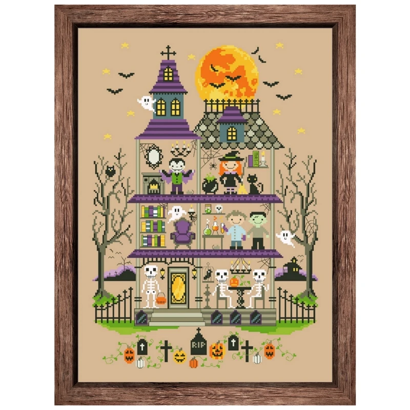 Haunted mansion cross stitch kits Halloween aida fabric 18ct 14ct 11ct flaxen linen cotton thread embroidery kits DIY craft set