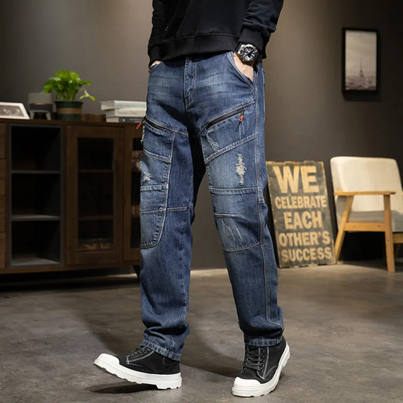 

Plus Size Straight Jeans Mens Clothing Leisure Denim Pants Elasticity Jean Splice Stitching Men's Cargo Trousers