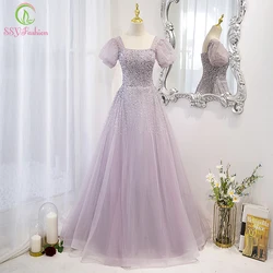 Customized  Romantic Light Purple Evening Dress for Women Square Collar Puff Sleeve A-line Sequins Beading Formal Party Gowns