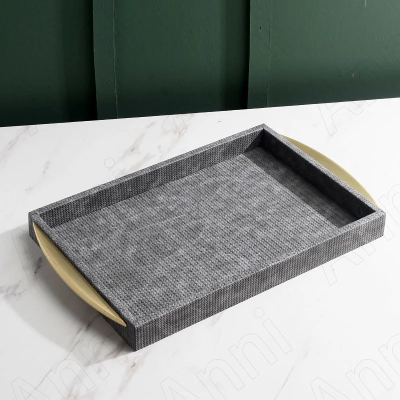 European Leather Storage Tray Stripe Relief Decorative Living Room Desktop Tableware Organizer Afternoon Tea Cake Home Trays