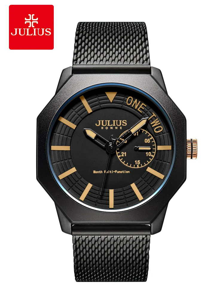 Auto Date Julius New Men\'s Watch Japan Mov\'t Elegant Fashion Hours Clock Stainless Steel Bracelet Boy Birthday Father Gift Box