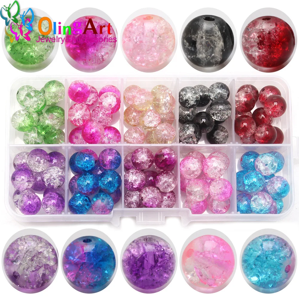 Olingart 4mm 6mm 8mm 10mm 1set/lot Painted Crackle Glass Beads Round Mixed Color for Jewelry Making DIY necklace bracelet