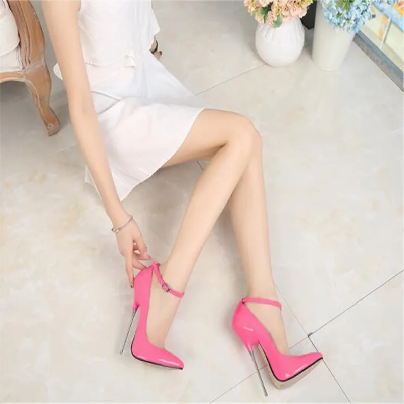 Women\'s high heels Sexy summer clothes shiny surface color buckle solid heel good Pointed material high heels woman Size 35-44