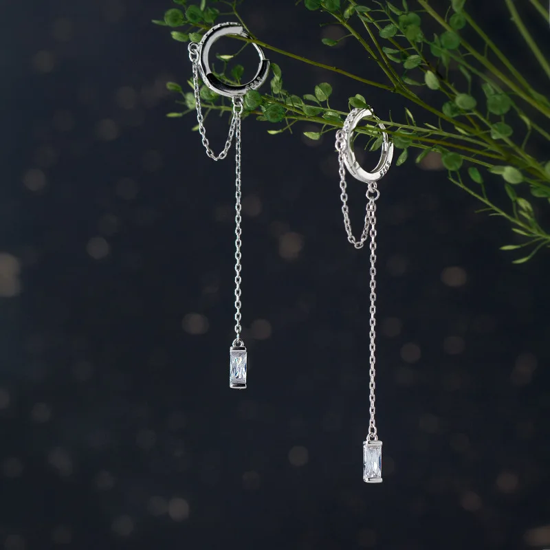 WANTME 925 Sterling Silver Tassel Chain Square Zircon Ear Buckle for Women Trendy Exquisite Wedding Earrings Jewelry Accessories