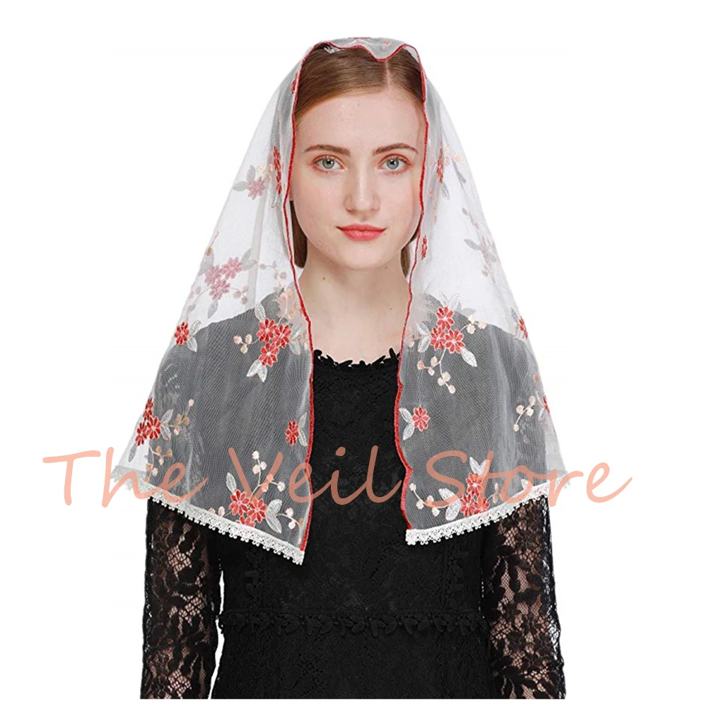 D Shape Women Mantilla Veils Headscarf for church Catholic Red Green White Tulle Lace Embroided Latin Mass MS2002