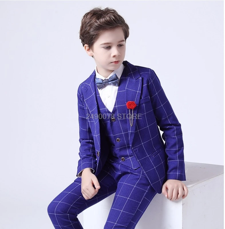 

Kid Plaid Jacket Vest Pants Bowtie 4Pcs Formal Dress Flower Boys Luxurious Wedding Suit Children Piano Performance Party Costume