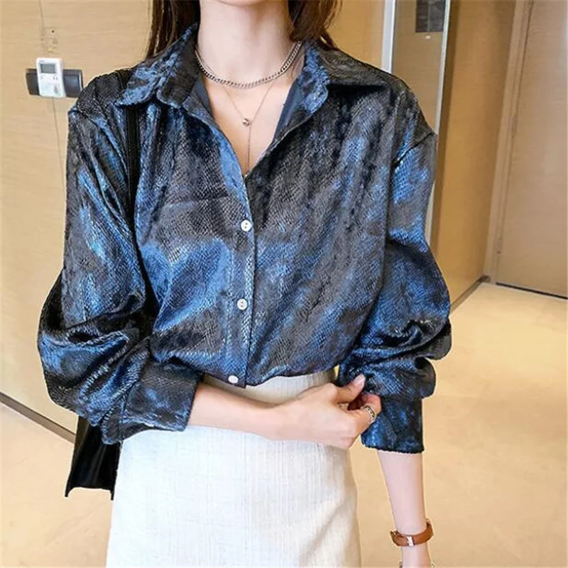 Serpentine Shiny Shirts Women Blouses Lazy Bottoming Shirts Long Sleeve Buttoned Tops Basic OL Simplicity Blouses Female Shirt