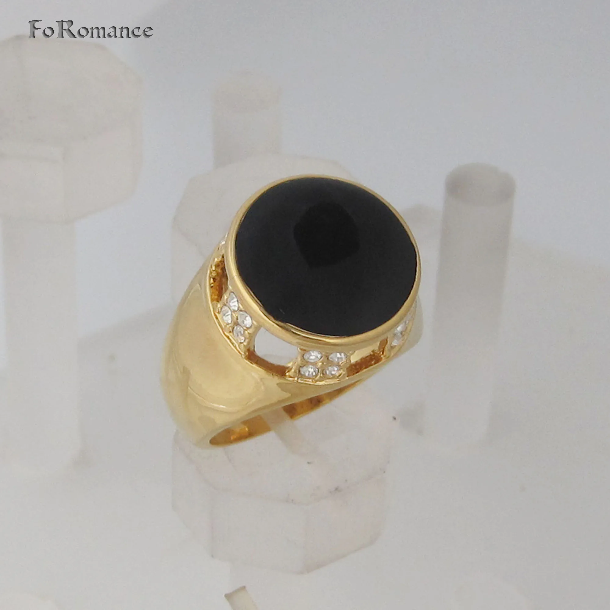 YELLOW GOLD PLATED FILLED WITH BRASS ROUND FACE BLACK ENAMEL SHINNING CZ STONE DECORATED  SIZE 7 8 10 11