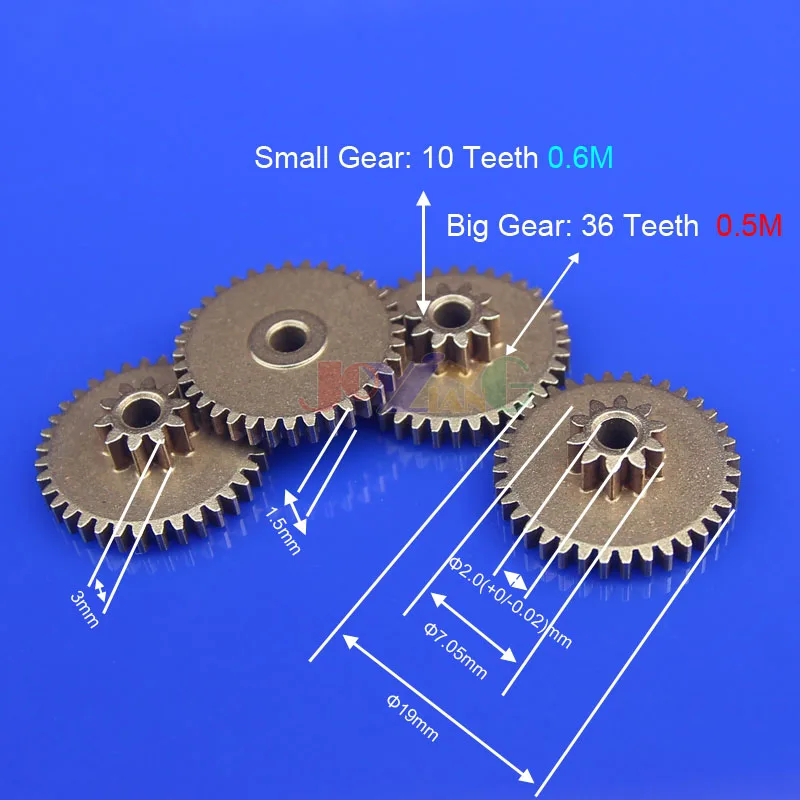 19mm Metal Duplicate Gear 10 Tooth 0.6M / 36 Teeth 0.5 Modulus Inner Hole 2mm Reduction Gears