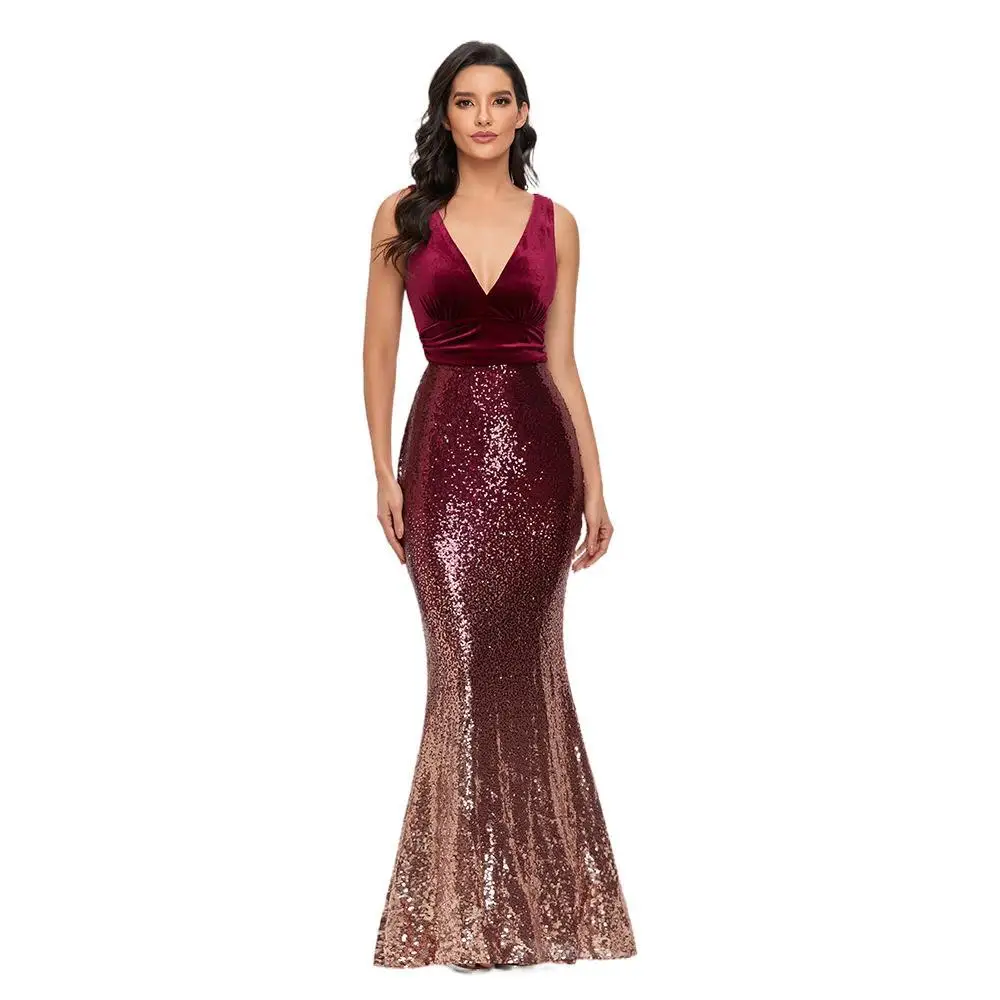 ในสต็อก Evening Mermaid V-Neck Sequins Sparkle ยาวตุรกีชุดราตรี Dresses Robe De Soiree