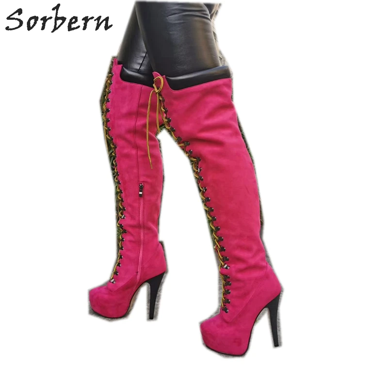 Sorbern Fuchsia Over The Knee Boots Custom Legs High Heel Platform Shoes Winter Style Boot Lace Up Real Images Multi Colors