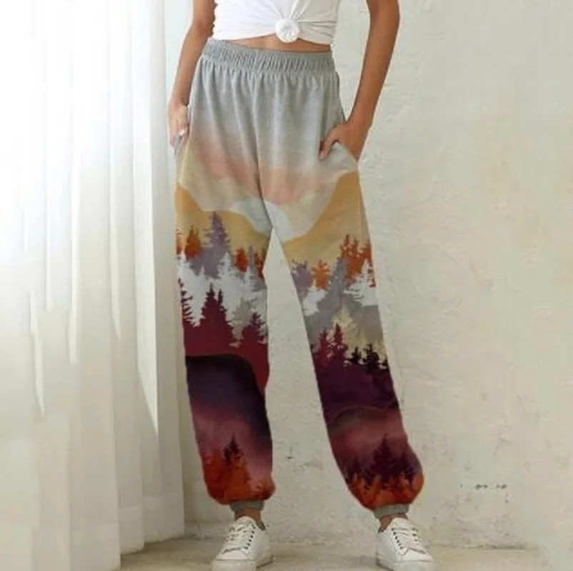 Women Mountain Print Sweatpant Cotton Casual Summer Elestic High Waist Trousers Cargo Pants 2020 Sporting Streetwear Pants