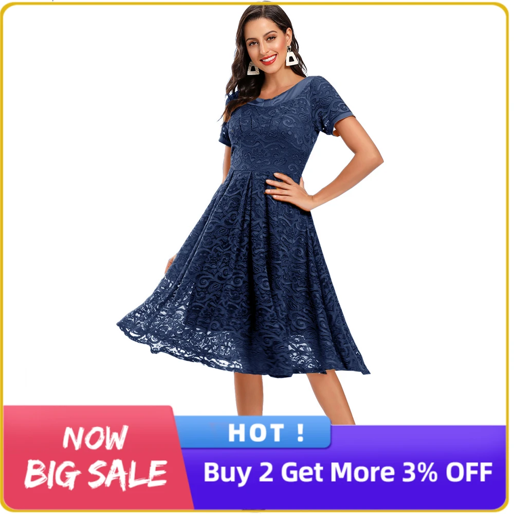 

Elegant Navy Blue Lace Cocktail Dresses for Women 2021 Short Sleeve Draw back Waist Big Swing Knee Length Casual Robe Femmes