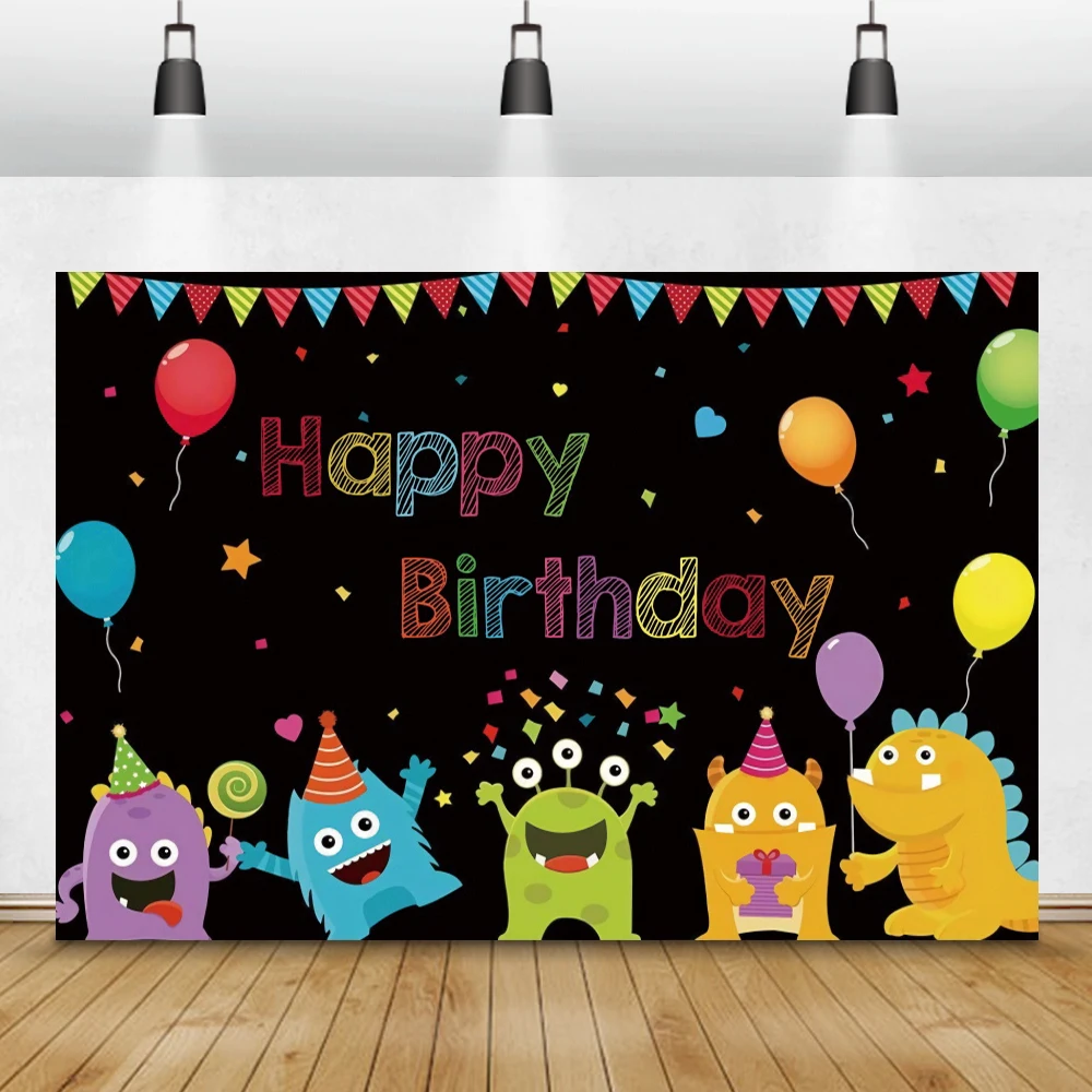Laeacco Little Monster Newborn Backdrops Colorful Flags Balloons Stars Custom Birthday Photography Backgrounds For Photo Studio