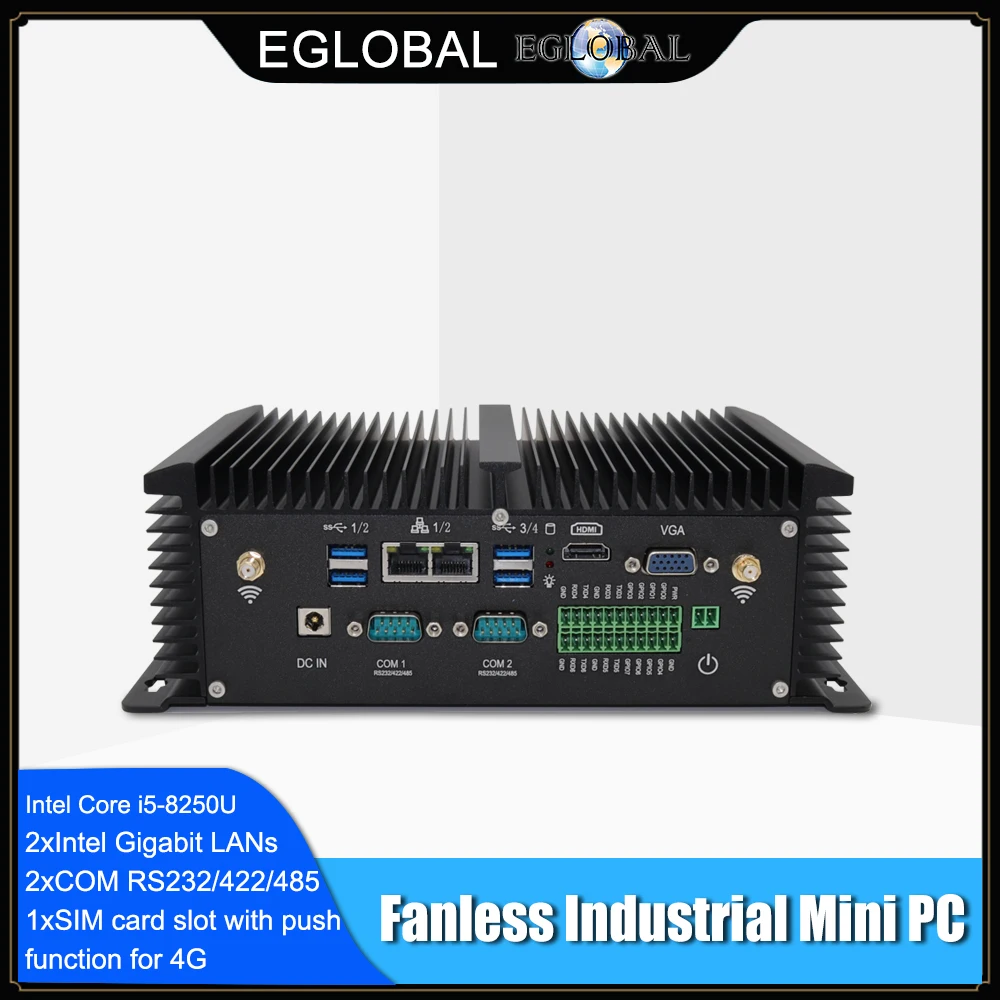 Eglobal Industrial Fanless Mini PC Intel Core i5 8250U i7 7500U Computer Desktop Lapto Linux Ubuntu 2 * COM 8 * USB 2 * LAN HDMI VGA