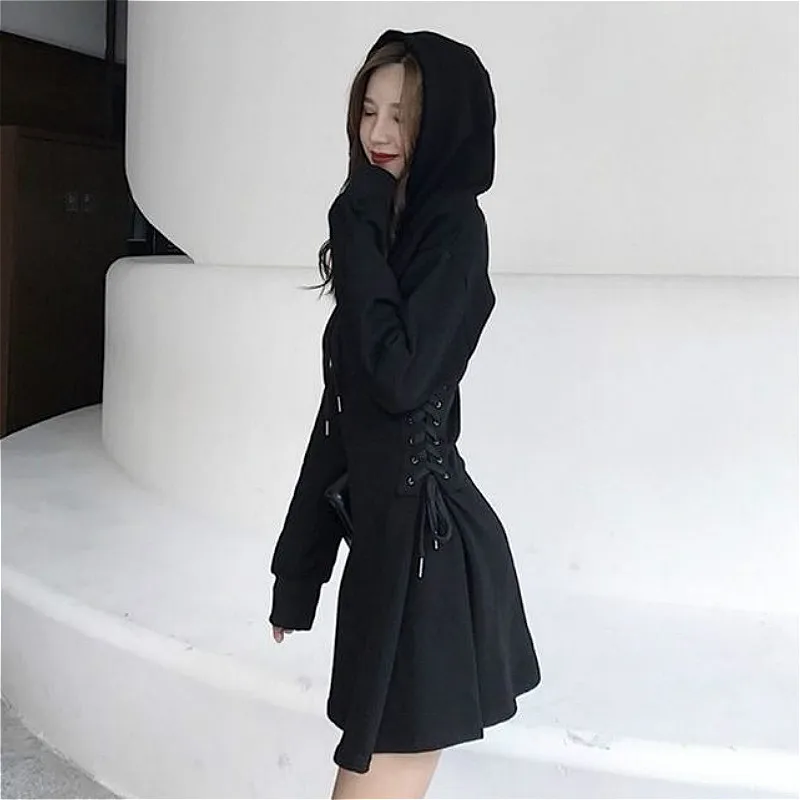 Long Sleeve Dress Women Gray Classy Slim Popular Stylish All-match Ins Criss-cross Mini Vintage Solid Hooded Empire Spring Daily