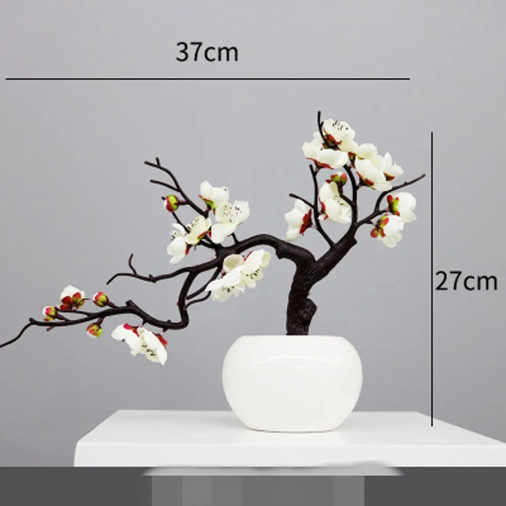 

White Plum Cherry Blossoms Artificial Silk Flowers Flores With Round Flower Vase Set For Home Table Living Room Decor