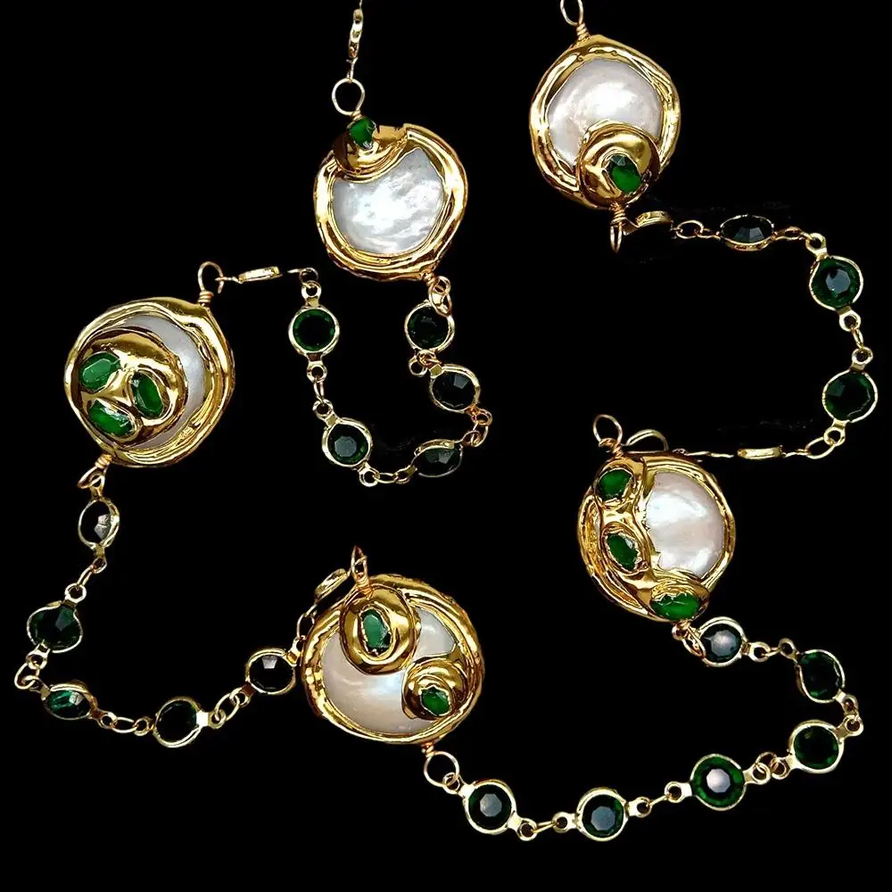 Y·YING Cultured White Coin Pearl Green Crystal Chain Long Necklace 32
