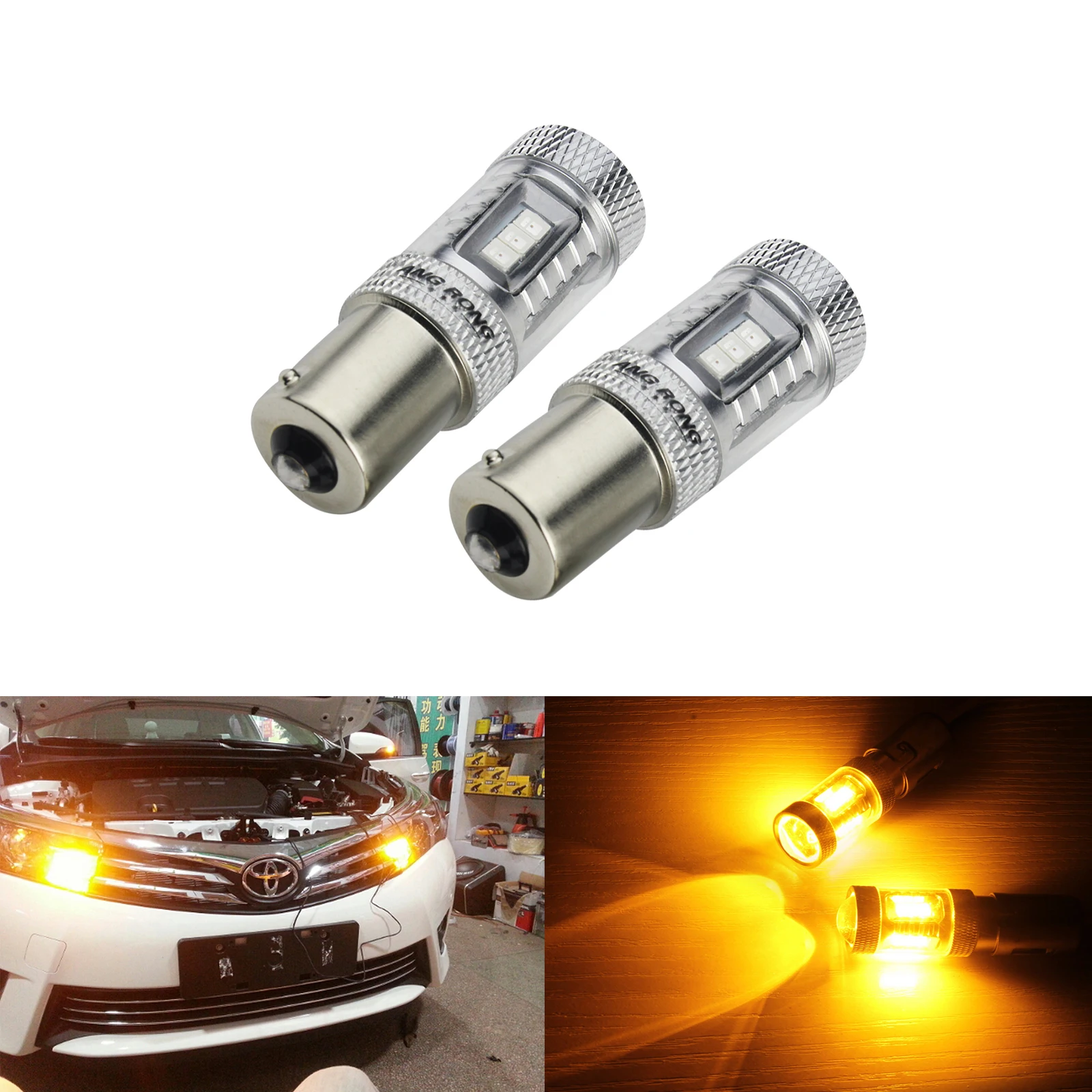 ANGRONG 2x Amber 1156 BA15s P21W 382 Car LED Light 15 SMD 2835 LED Bulb Turn Signal Reverse Light DRL Lamp