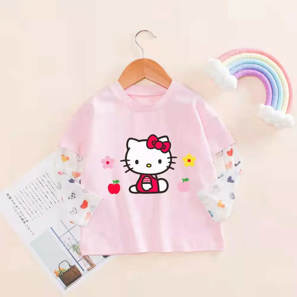 Hello Kitty Girls Summer Long-sleeve T-shirt Baby Foreign Style Fake Two-piece Children  Sunscreen Tops Children's Clothing