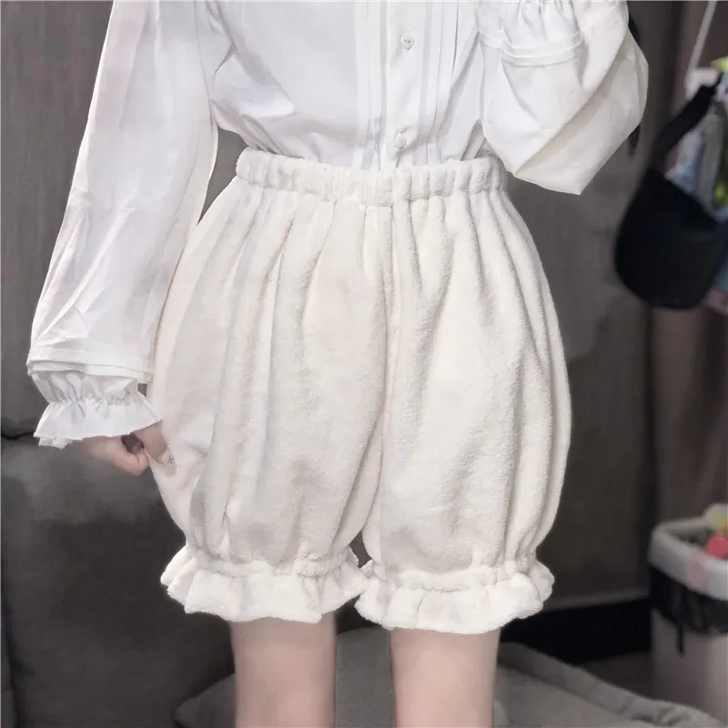 Winter Cute Lolita Girls Warm Velvet Shorts Sweet High Waist Women's Plush Shorts Summer Kawaii Fluffy Bloomers Pink White