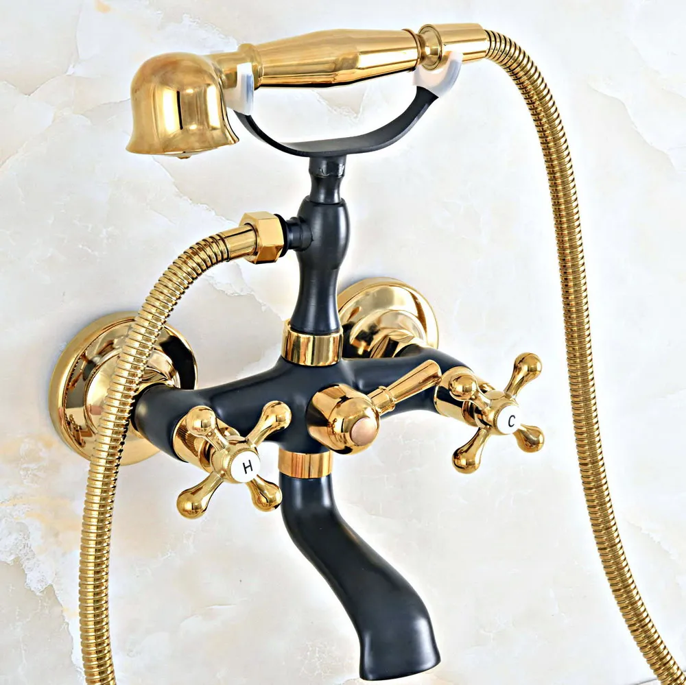 

Black Gold Bathroom Tub Faucet Telephone Style Bathroom Bathtub Wall Mounted With Handshower Swive Tub Spout zna464