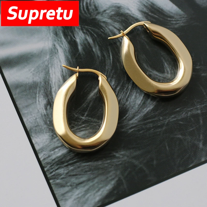 Simple Matte Texture Solid Oval Earrings Titanium steel 18k Gold Plated Loop Hoop Earrings for Women Fine Jewelry Gifts Bijoux