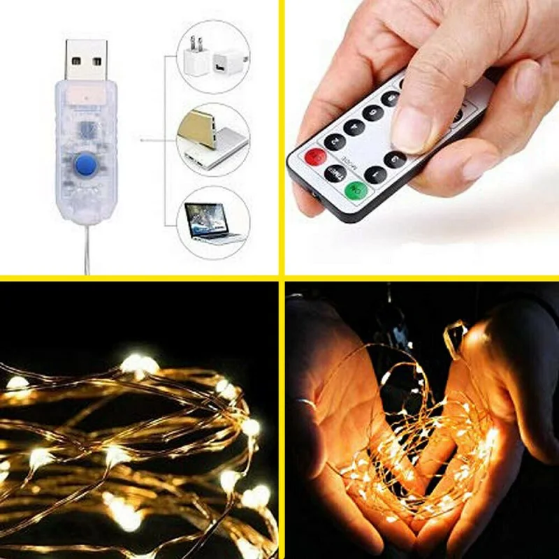 50/100/200 أضواء سلسلة سلوك نحاسية LED USB المكونات في الجنية أضواء مع البعيد 8 طرق أضواء مقاوم للماء عن بعد مؤقت تحكم عن بُعد