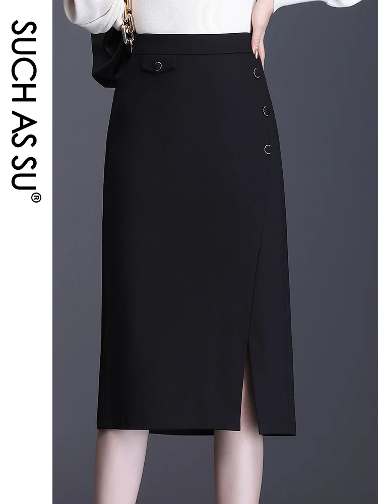 Fall Winter Pencil Skirt Women 2020 Black Knitted fabric High Waist Skirt  S-3XL Plus Size Buttons Split Mid Long Skirt Female