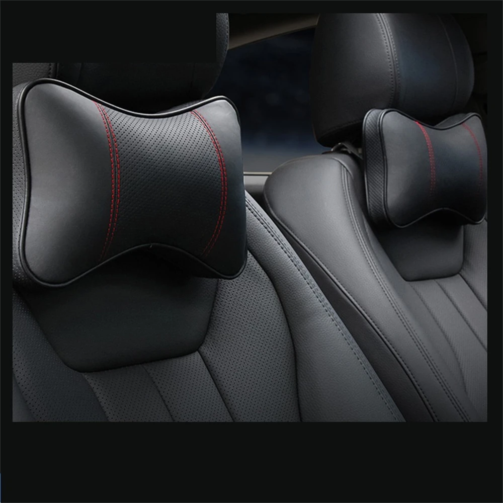 

2 Pieces Universal Car PU Leather Headrest Neck Pillow Car Head Neck Pillow Seat Back Support Cushion Black Brown