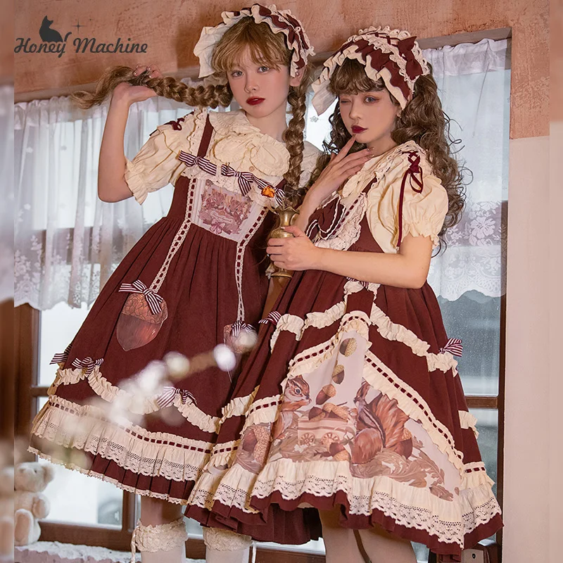 Lolita Schatz Mädchen Roten Kleid Falbala Hohe Taille Viktorianischen Kleid Nette Druck Kawaii Mädchen Gothic Lolita Loli Cos