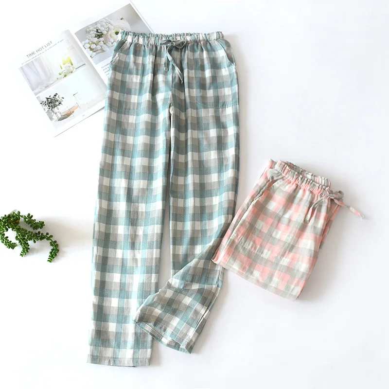 Pantalones de pijama sueltos de algodón a cuadros para mujer y hombre, pantalones de dormir, ropa de salón, primavera y verano, novedad