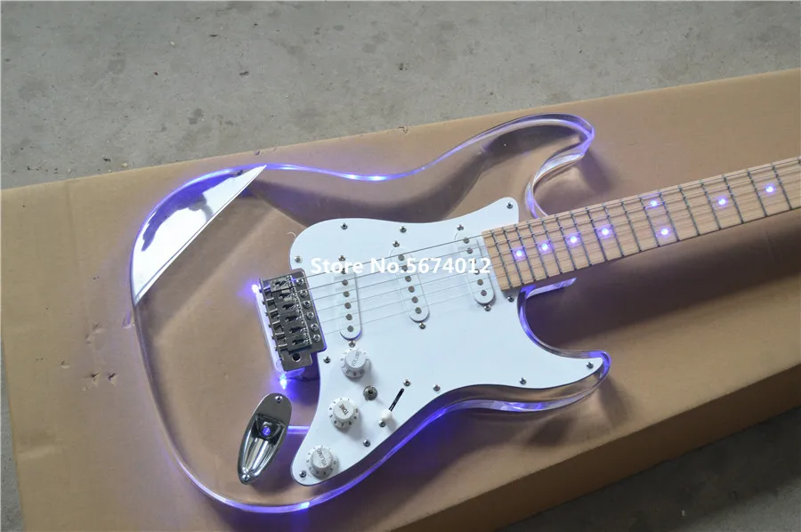 New customized crystal acrylic acrylic acrylic electric guitar maple xylophone neck with led blue light