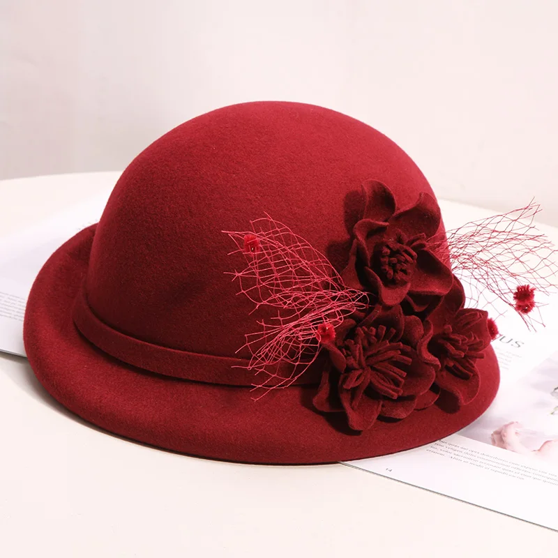 H788 Women Wool Felt Fedora Hat Korean Fashion Autumn Winter Warm Fedoras Cap Elegant Flower Mesh Yarn British Retro Basin Hats