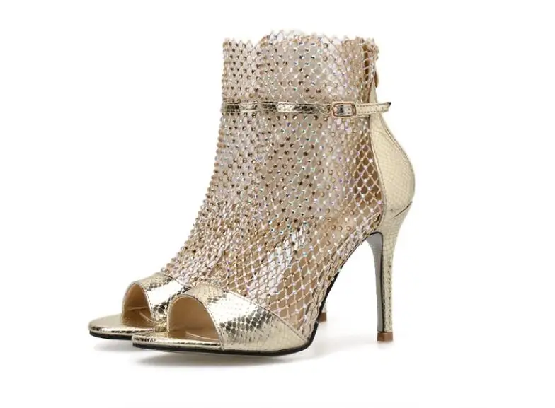 

Women Fashion Open Toe Rhinestone Design High Heel Sandals Crystal Ankle Catwalk high heel sandals Gladiator Black Gold Large