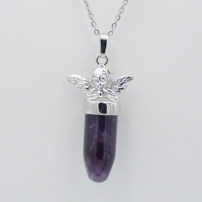 Silver Plated Angel Pendants for Necklace Reiki Pendulum Bullet Shape Natural Stone Crystal Charms Jewelry For Women Girl